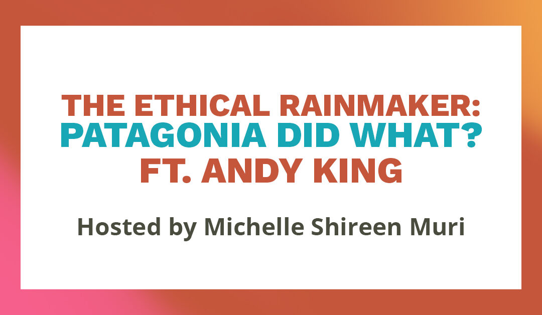 Banner that says "The Ethical Rainmaker: Patagonia did what? Ft. Andy King. Hosted by Michelle Shireen Muri."