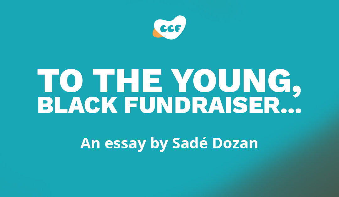 Banner says "To the young, Black fundraiser... An essay by Sadé Dozan"