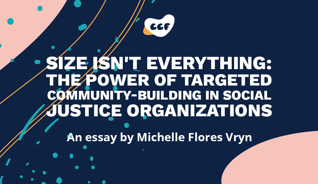 Banner says Size isn't everything: The power of targeted community-building in social justice organizations. An essay by Michelle Flores Vryn