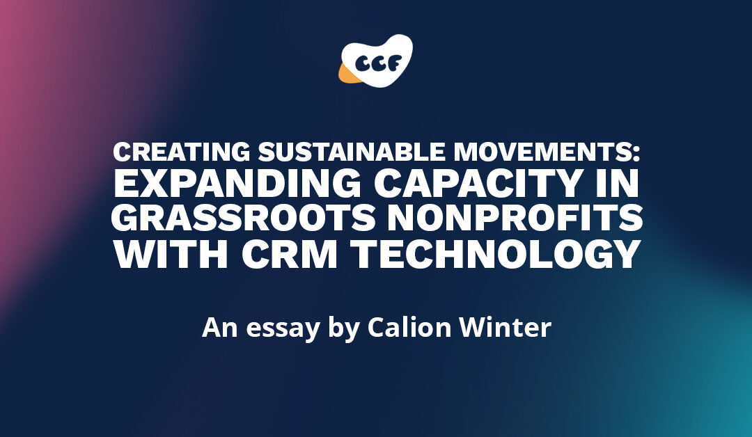 Banner says Creating sustainable movements: Expanding capacity in grassroots nonprofits with CRM technology. An essay by Calion Winter.