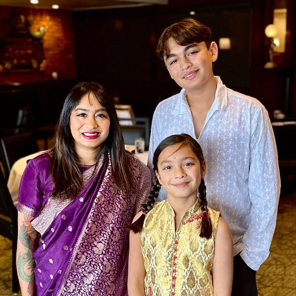 Rachel Rachel celebrates her brother’s nuptials with her children. For this occasion, they donned traditional Indian garb - a sari for Rachel, lehenga for Emelia, and kurta for Cameron.