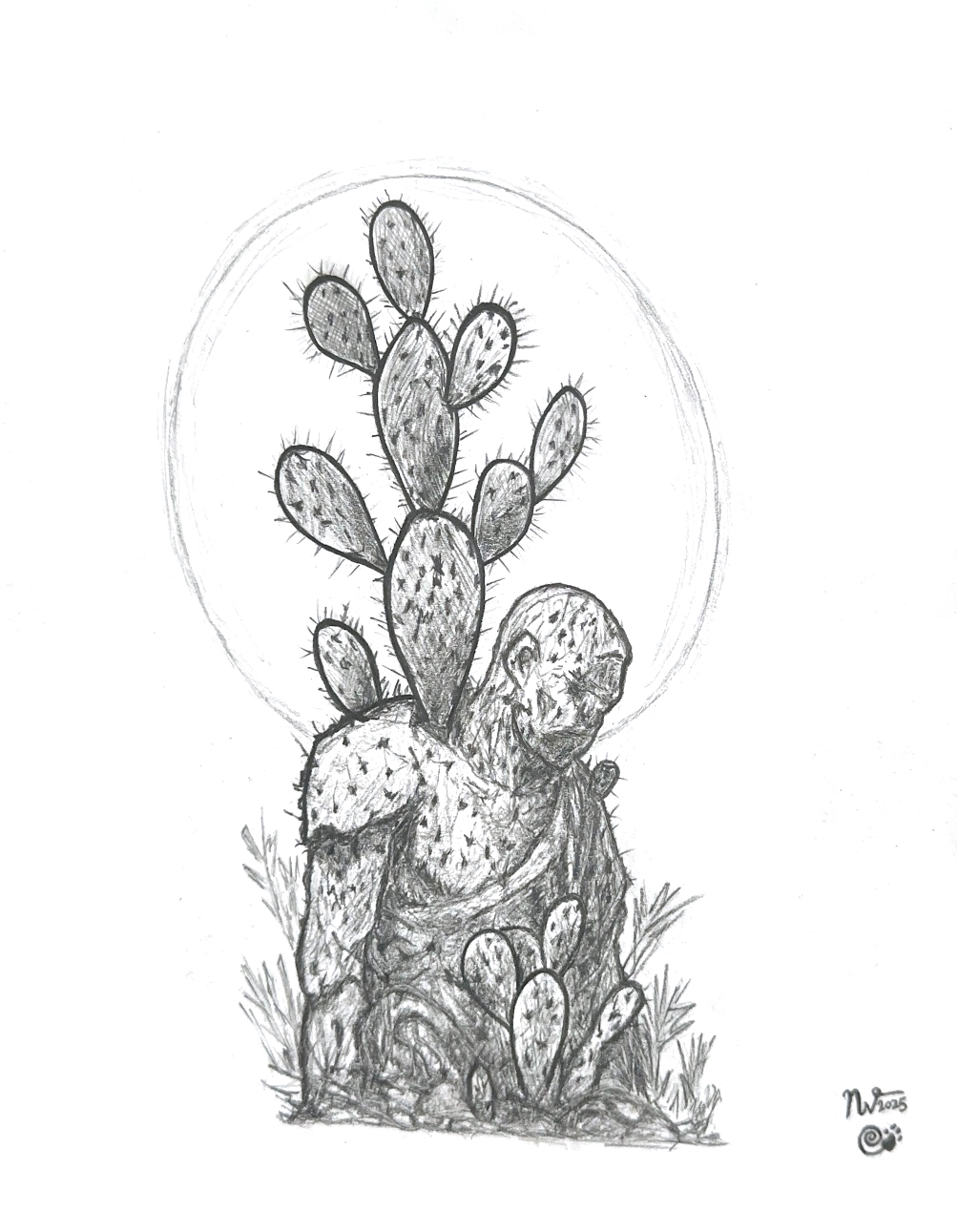 graphite drawing of a human figure intertwined with a cactus