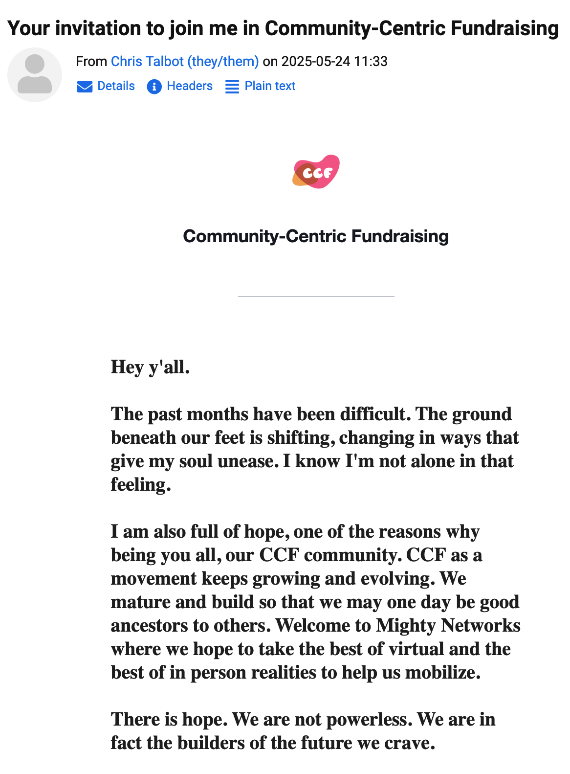 Screenshot is an email titled "Your invitation to join me in Community-Centric Fundraising."