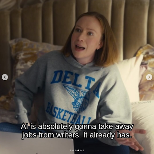 The character in bed continues saying AI is absolutely gonna take away jobs from writers. It already has.