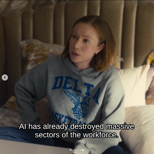 The person in bed says AI has already destroyed massive sectors of the workforce.