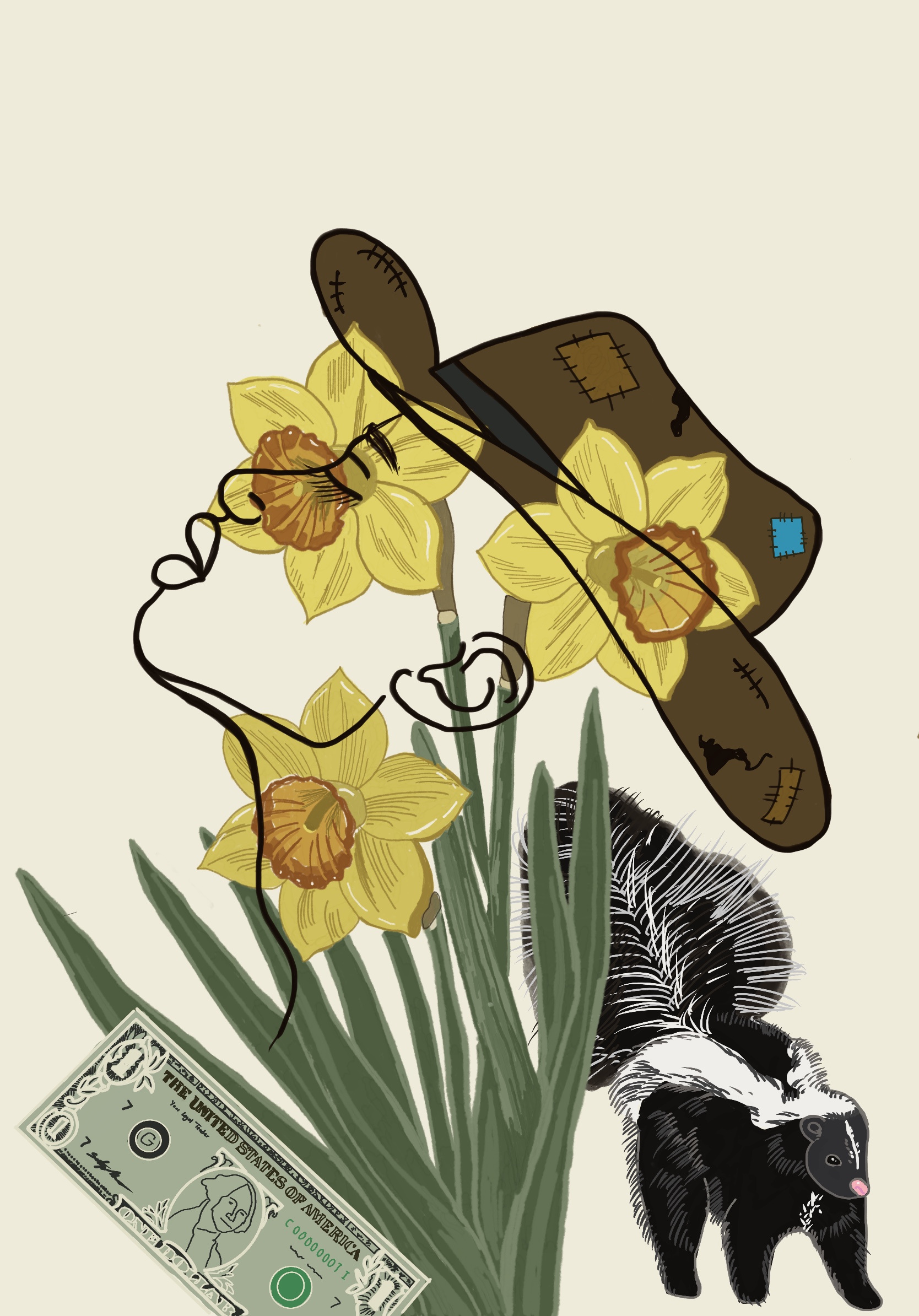 A digital illustration of a woman with a beat-up cowboy hat, head raised proudly, surrounded by daffodils. Below her is a dollar bill and a skunk.