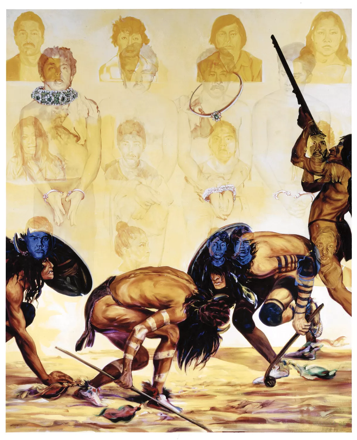 An oil painting depicting people in handcuffs overlaid with headshots of people overlaid with people in regalia