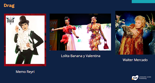 A slide from Carlos's presentation with photos of Memo Reyri, Lolita Banana v Valentina, and Walter Mercado.